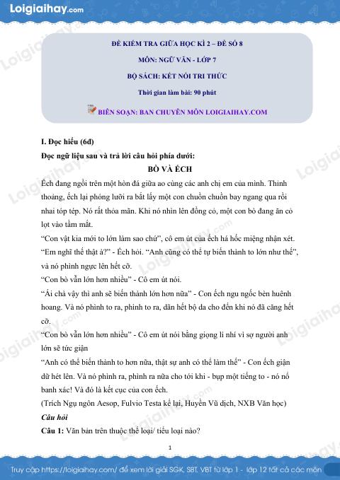 Đề thi giữa kì 2 Văn 7 Kết nối tri thức - Đề số 8